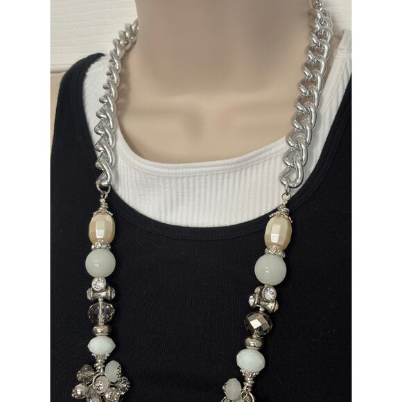 Women's Multi-Strand Statement Chunky White Beaded Silver Tone Chain Necklace - Picture 3 of 8